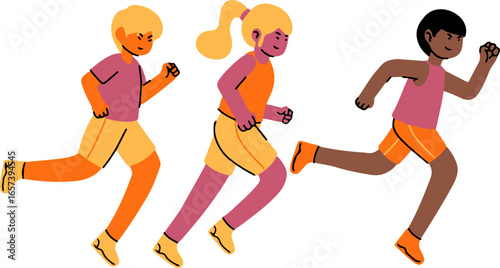 Three diverse children in athletic attire actively sprinting forward, showcasing movement and energy.