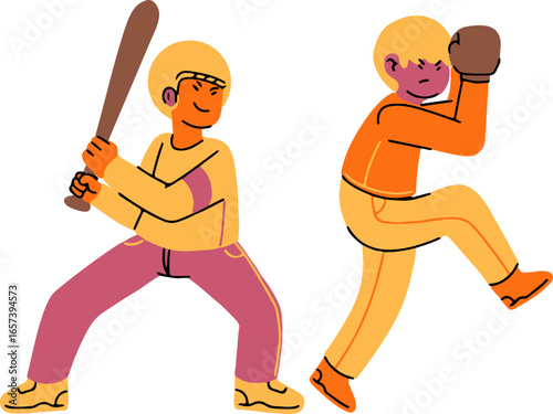 Two cartoon figures engaged in a baseball game, one preparing to bat and the other in a pitching stance.