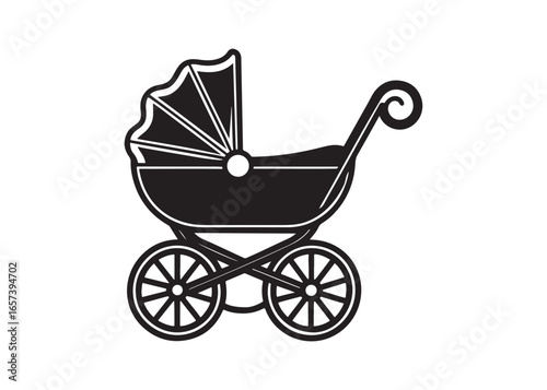 Classic Baby Carriage Silhouette Vector Illustration with Large Wheels.