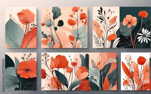 Abstract floral art with warm coral and green tones in a modern style