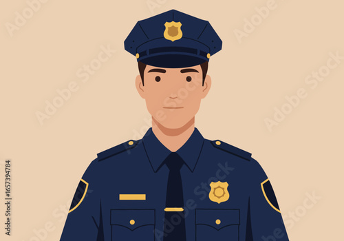 Illustrative portrait of a male police officer in his professional uniform, symbolizing authority, public safety, and dedicated service in law enforcement.