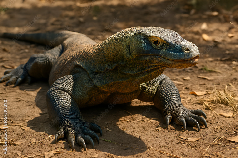 Obraz premium Large lizard resting on ground in sunlit forest reptile close up with rough scaly skin