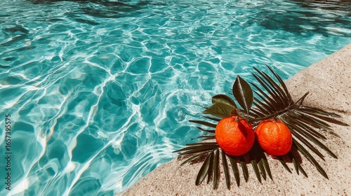 Bright oranges with green leaves rest on pool edge beside clear blue rippling water
