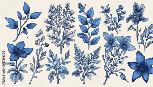 Collection of vintage blue botanical illustrations of flowers and leaves