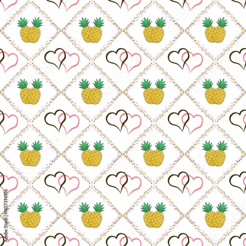 Seamless pattern featuring pineapples and hearts in a floral diamond frame. A cute tropical love theme.