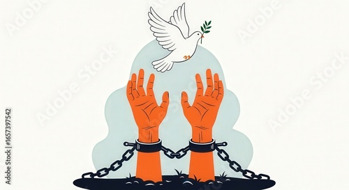 Hands chained together reaching upwards towards a flying dove carrying an olive branch