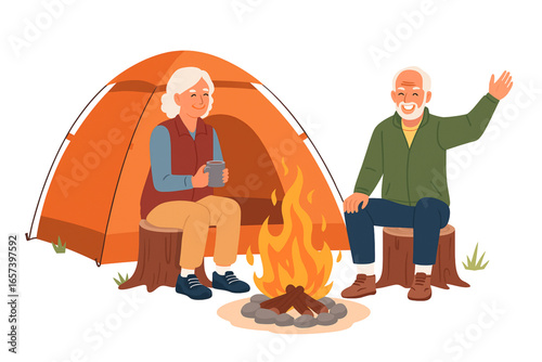 Happy Elderly Couple Camping Vector Illustration Family Enjoying Tent and Campfire Outdoor Adventure Flat Cartoon on White Background