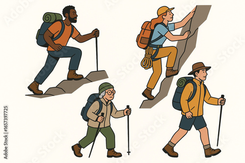 Diverse Hikers Vector Set Multicultural Backpackers Trekking Climbing Hiking Outdoor Scenes Flat Illustration on White Background