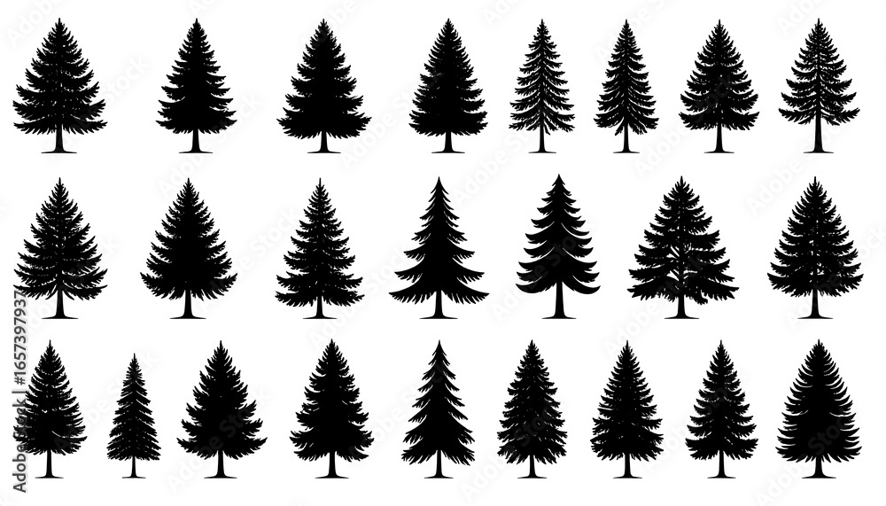 Fototapeta premium Diverse Collection of Black Fir Tree Silhouettes on White Background.