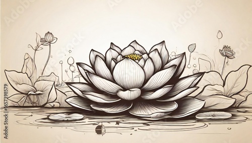 Detailed sketch of a blooming lotus flower with surrounding lily pads and buds