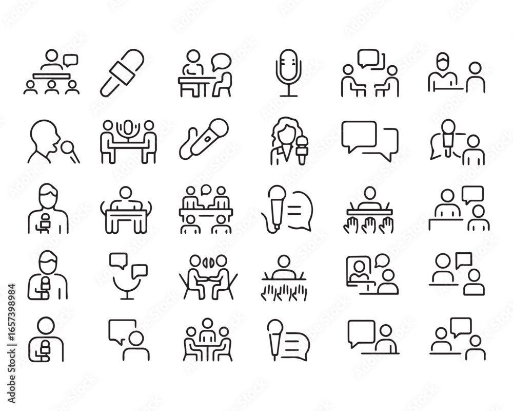 Fototapeta premium Set of outline icons related to interview. Linear icon collection