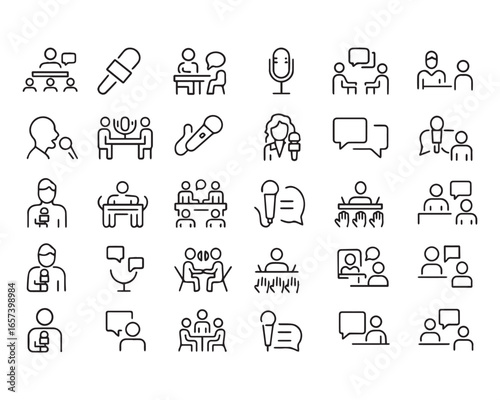 Set of outline icons related to interview. Linear icon collection