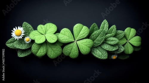 A decorative border of green clover leaves and white daisies against a black background