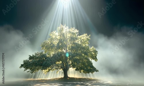 
A single tree stands in the middle of a dark forest, with light rays shining on it from above, 