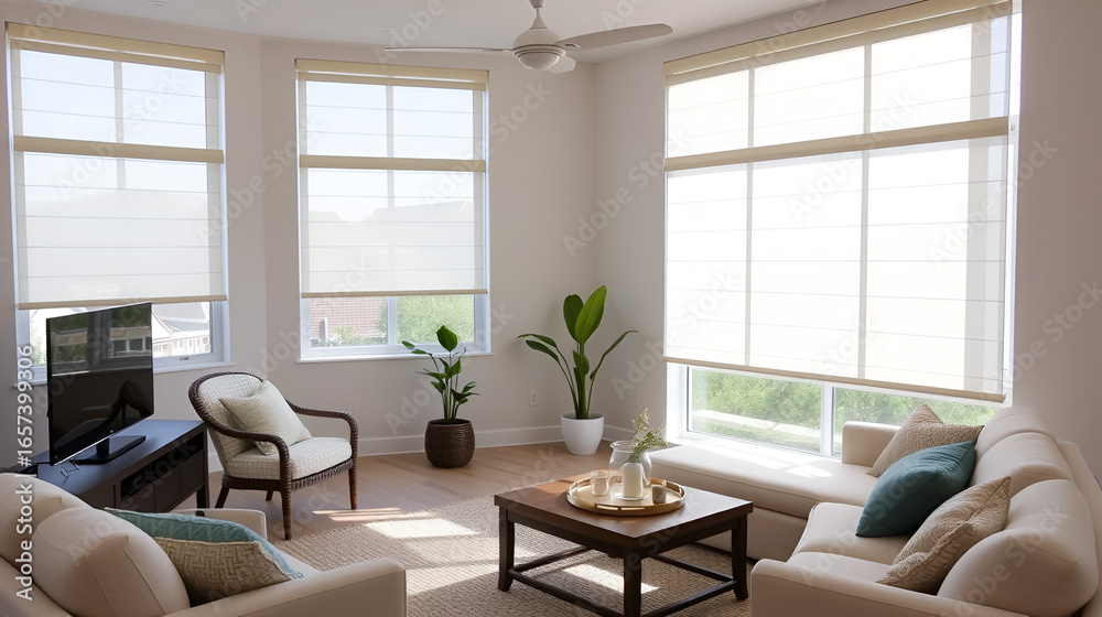 Fototapeta premium Motorized roller shades in a modern living room, featuring automated controls and summer-ready decor