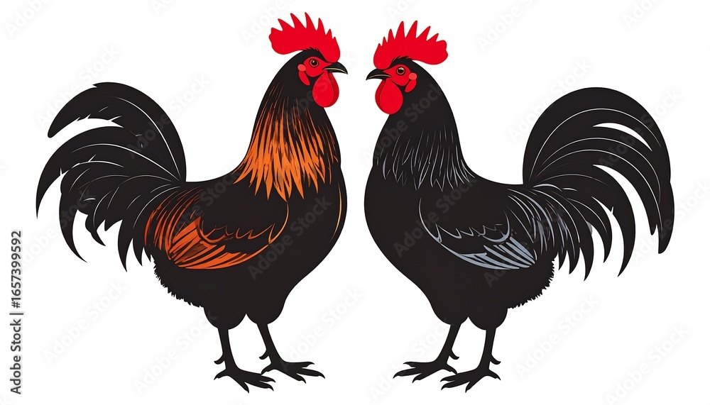 Fototapeta premium Two roosters facing each other, side view