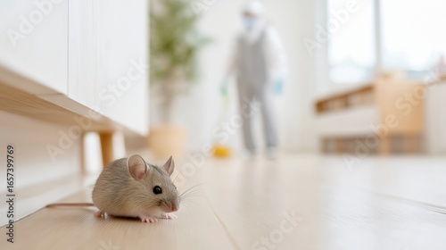 A small mouse crouches on a wooden floor while an exterminator stands blurred in the background. The image conveys themes of pest control and home intrusion