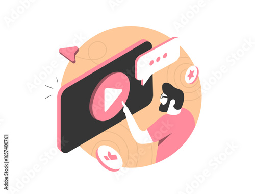 Video content marketing - user pressing play button on digital screen. Social media engagement with likes, comments and sharing. Video marketing isometric vector illustration