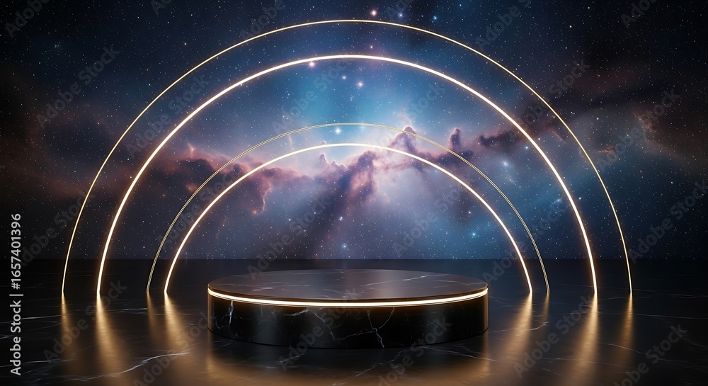 Obraz premium Elegant Black Marble Product Display Podium with Glowing Neon Arches Against a Starry Nebula Background