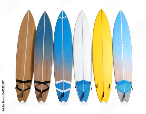 Six surfboards in various colors stand in a row against a white background