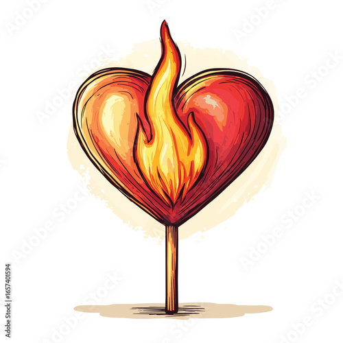 Match with flame in heart shape isolated on white background. Vector illustration for valentine's day card. Doodle cartoon valentine's day element