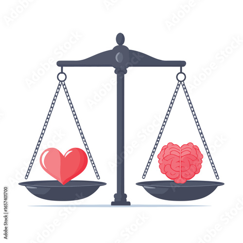 Scales weighing brain and heart. Balance, mind, logic and emotion concept. Balance, mental health. Vector illustration of scales on a white background. , vector style simple color
