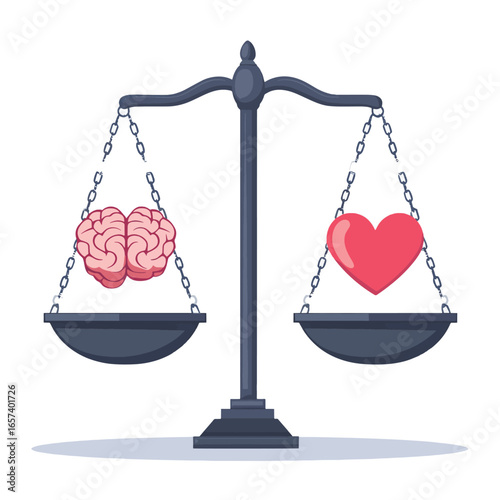 Scales weighing brain and heart. Balance, mind, logic and emotion concept. Balance, mental health. Vector illustration of scales on a white background. , vector style simple color