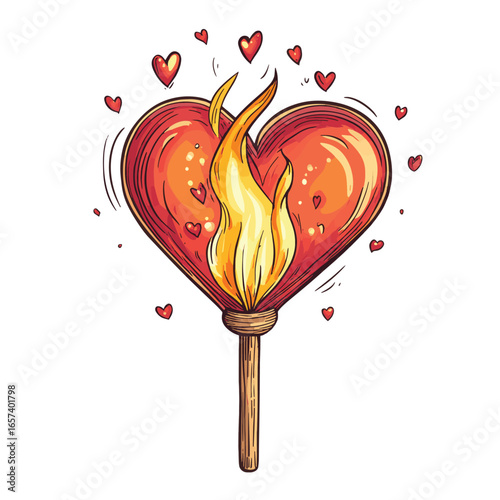 Match with flame in heart shape isolated on white background. Vector illustration for valentine's day card. Doodle cartoon valentine's day element