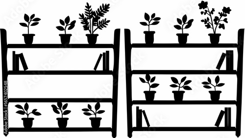 Silhouette of two bookshelves with potted plants and books on shelves in a simple black and white design