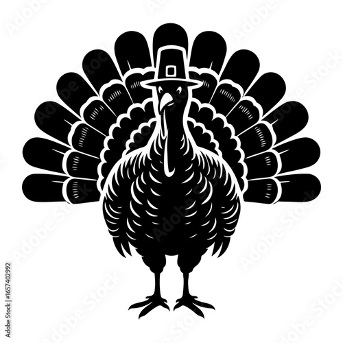 Silhouette Thanksgiving Turkey with Pilgrim Hat Holiday Vector Art