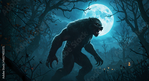 A Fearsome Werewolf Roams a Dark, Rainy Forest Under a Full Moon.