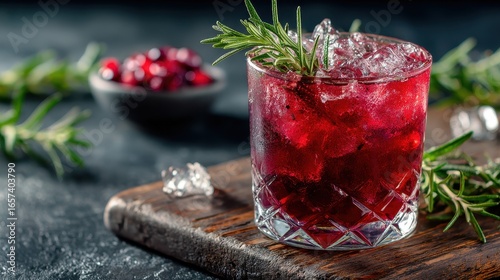 Hibiscus Cocktail. Alcoholic Beverage with Gin and Vodka, Beautifully Decorated with Berries and Rosemary Branch