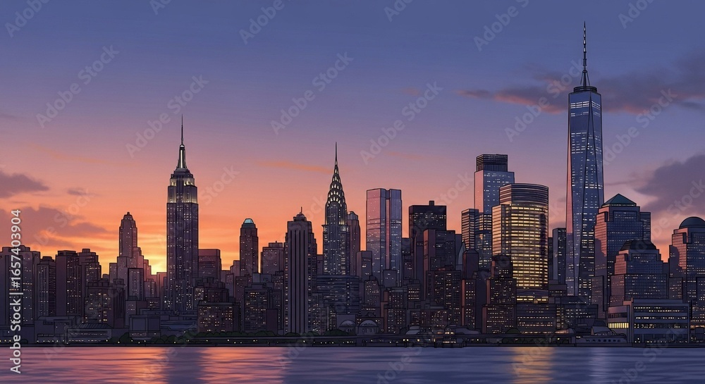 Obraz premium Stunning illustration of the New York City skyline at sunset, showcasing iconic skyscrapers and the vibrant city lights reflecting on the calm water.