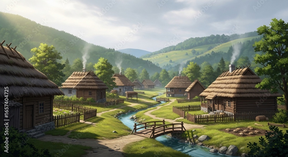 Fototapeta premium Idyllic rural village nestled in a green valley with traditional thatched-roof cottages and a winding stream under a bright sky.