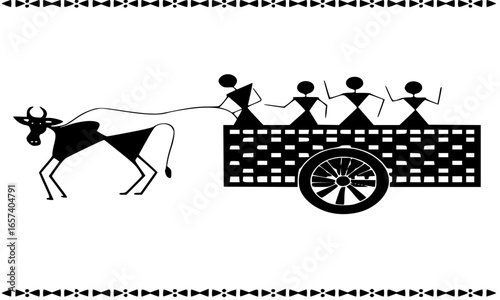 Warli Painting of a Bullock Cart - Traditional Indian Folk Art, Village Life Illustration
