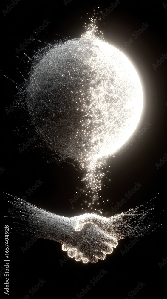 Fototapeta premium Two hands in handshake, a glowing sphere above, dissolving into particles