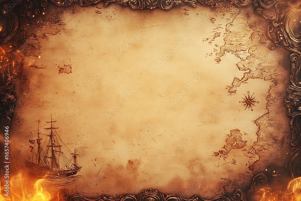 Naklejka premium Old treasure map background with pirate ship, compass, and burning edges