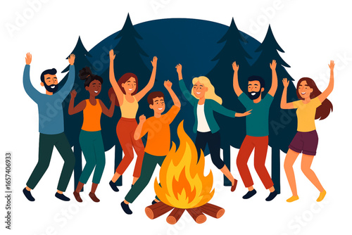 Campfire Dance Vector Illustration Happy People Party Festival Camping Fire Forest Flat Cartoon on White Background