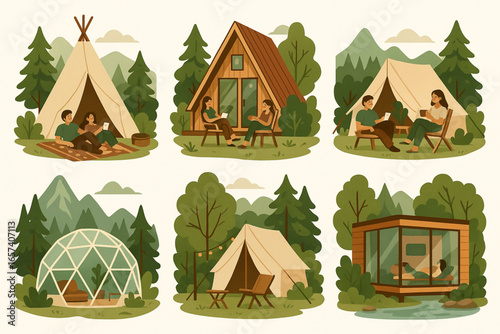 Glamping Vector Illustration Set Cozy Outdoor Accommodations Teepee Cabin Canvas Dome Glass Tent Relaxing Nature Flat Cartoon on White Background