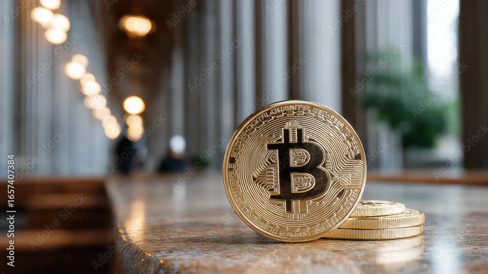 A stack of three gold coins with the letter B on them. The coins are on a table. Bitcoin coin foreground with blurred parliament pillars background, crypto law, neutral muted lighting