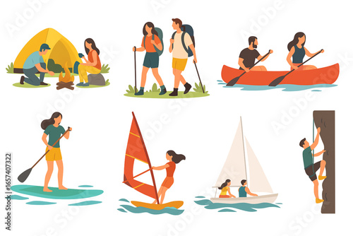 Summertime Outdoor Activities Vector Pack Camping Hiking Canoeing SUP Surfing Windsurfing Sailing Climbing Flat Illustrations on White Background
