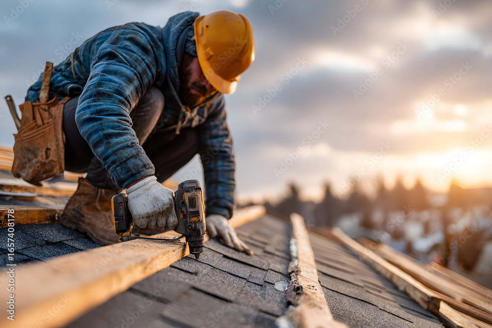 Construction worker putting the asphalt roofing (shingles) with nail gun on a new frame house Construction worker putting the asphalt roofing (shingles) with nail gun on a new frame house