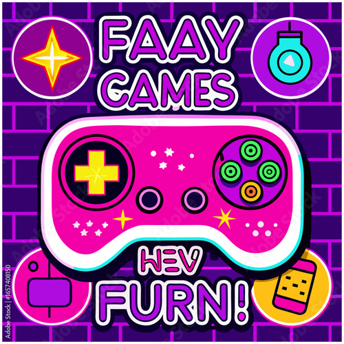 Play Games have fun neon sign with game pad, bright signboard, light banner. Game logo neon, emblem playing computer game on laptop at night Game controller in neon Playing Multiplayer Games.