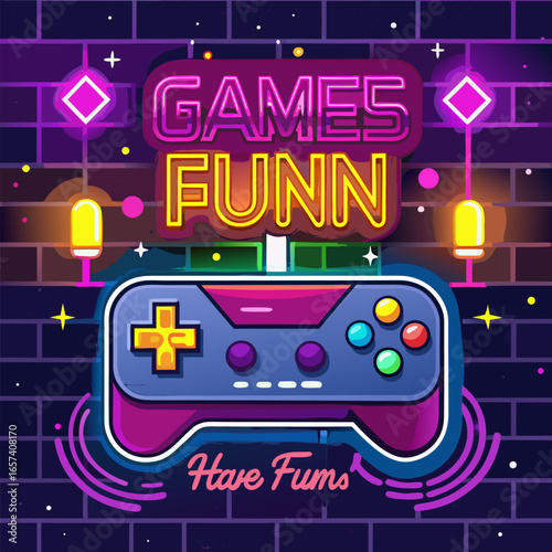 Play Games have fun neon sign with game pad, bright signboard, light banner. Game logo neon, emblem playing computer game on laptop at night Game controller in neon Playing Multiplayer Games.