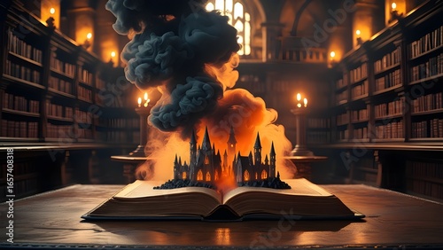 Enchanted Library Castle Rises from Book in Fantasy World