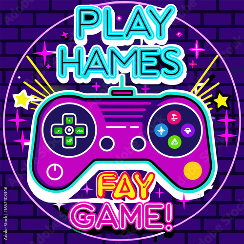 Play Games have fun neon sign with game pad, bright signboard, light banner. Game logo neon, emblem playing computer game on laptop at night Game controller in neon Playing Multiplayer Games.
