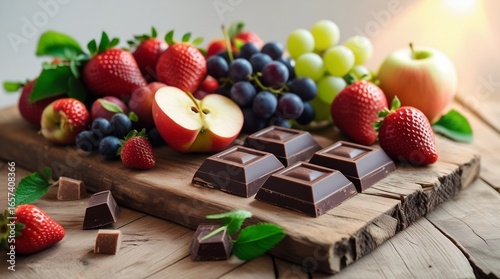 A vibrant arrangement of fresh fruits and decadent chocolate squares displayed on a rustic wooden board, evoking a sense of natural sweetness and indulgence.
