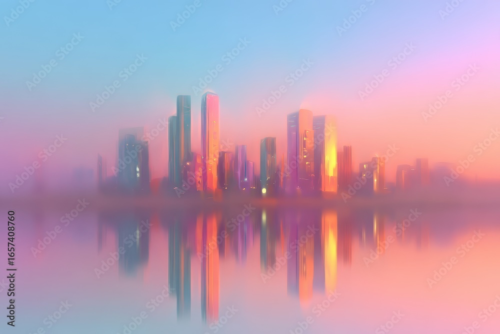 Obraz premium Ethereal Cityscape at Dusk with Colorful Reflections in Water