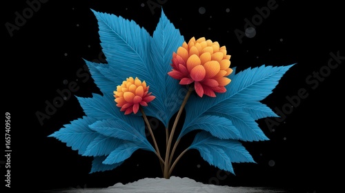 Two vibrant orange and red flowers bloom with large blue leaves against a black background