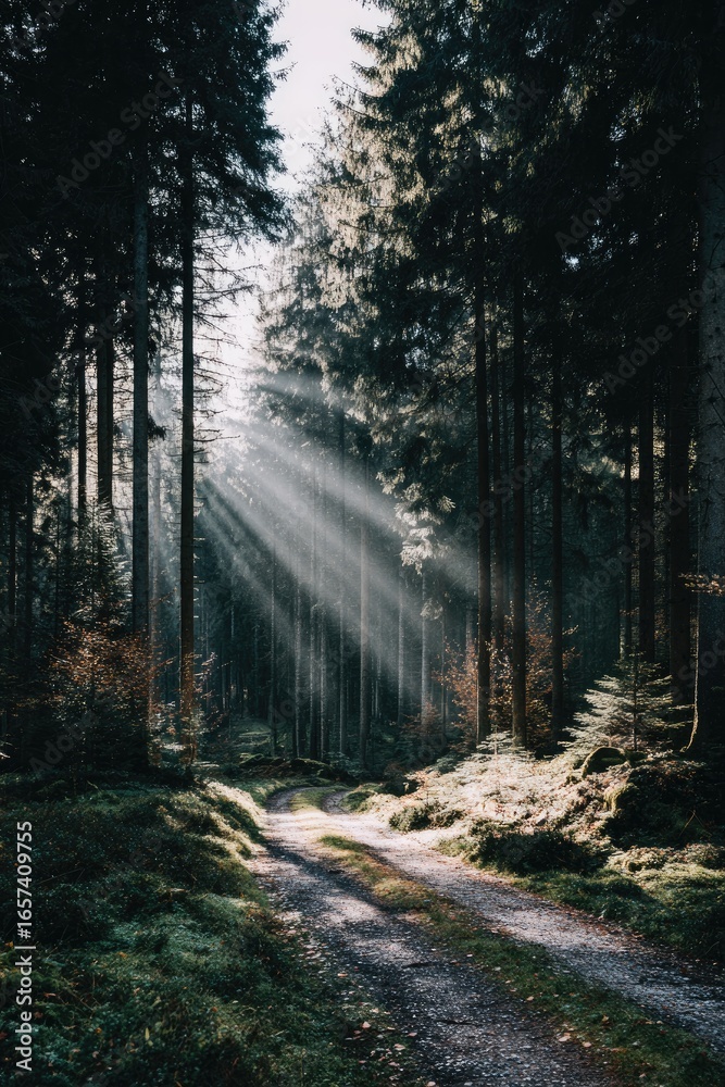 Fototapeta premium Sunlight streams through a forest path